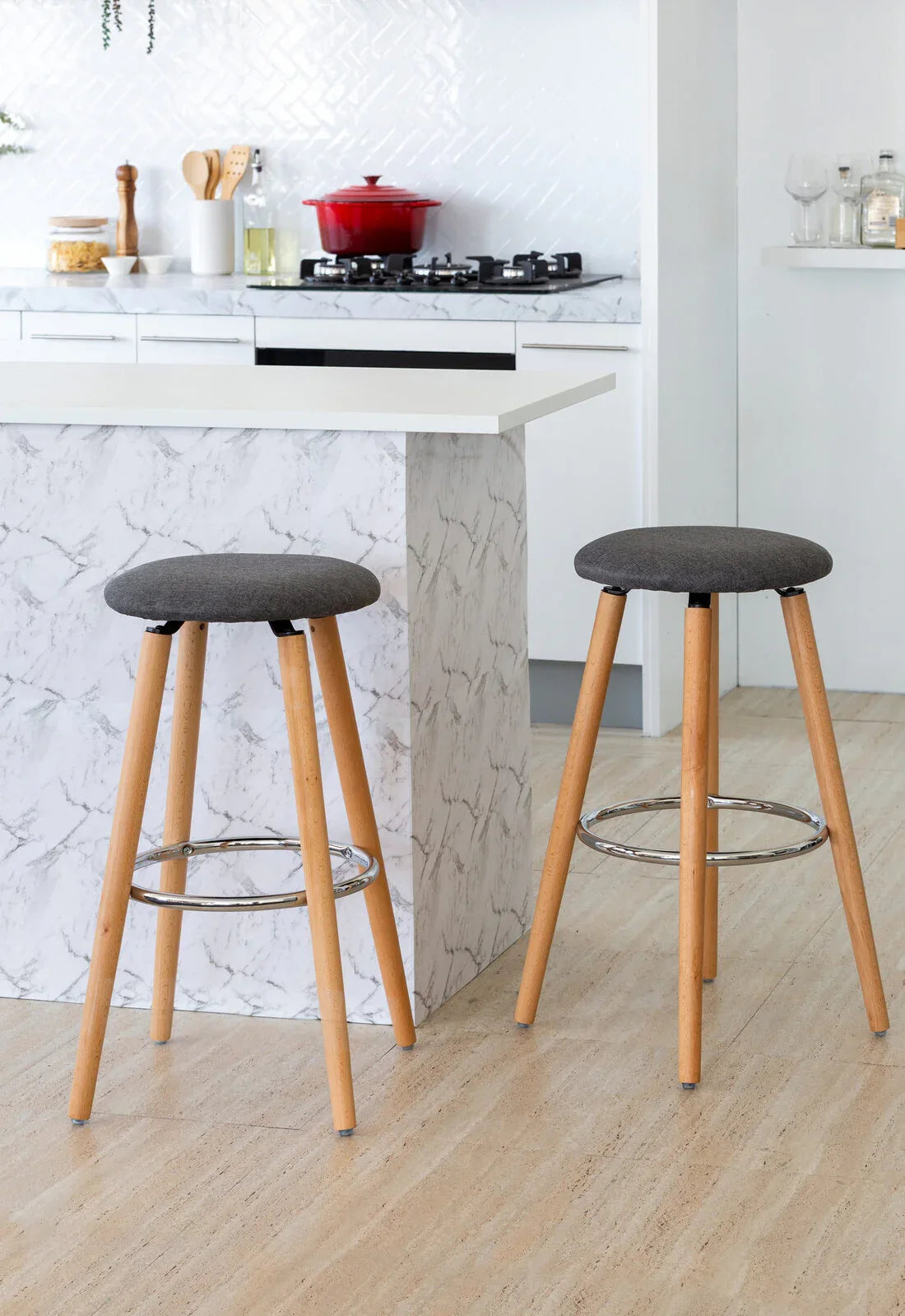 2 Cotton/Steel Modern Padded Barstools (Grey/Wood) - Mekamart Australia