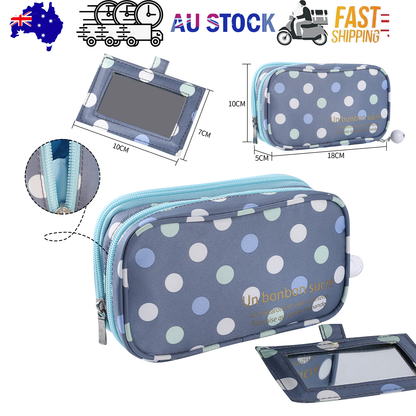 2 Layer Makeup Bag w/ Mirror Travel Cosmetic Bag Organizer Brush Slots Portable