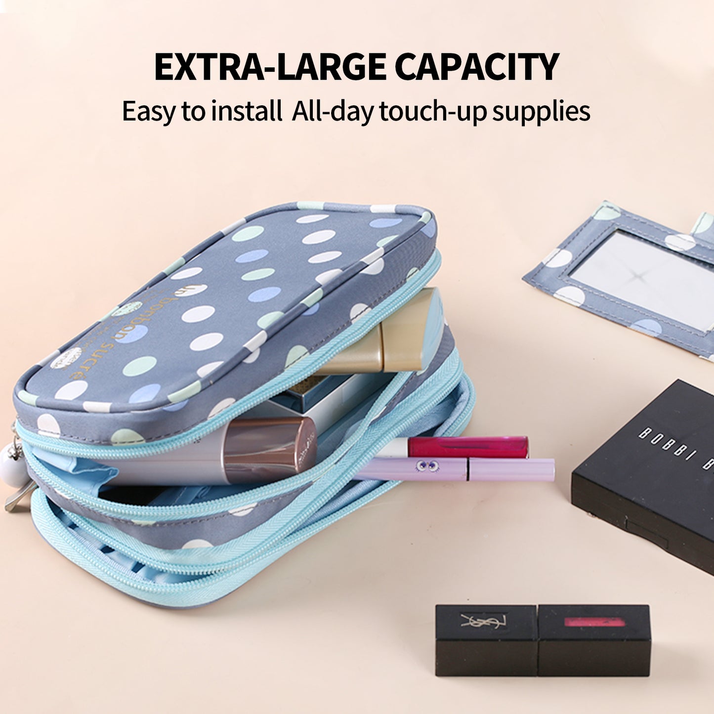 2 Layer Makeup Bag w/ Mirror Travel Cosmetic Bag Organizer Brush Slots Portable