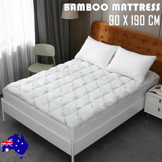Bamboo Pillowtop Mattress Topper Luxury Bedding Mat Pad Protector Cover Single 90 x 190 cm - Mekamart Australia