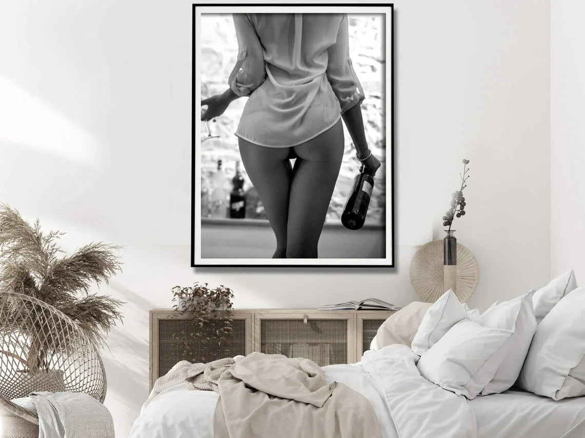 Wall Art 40cmx60cm Woman Drinking Wine , Black and White, Black Frame Canvas - Mekamart Australia