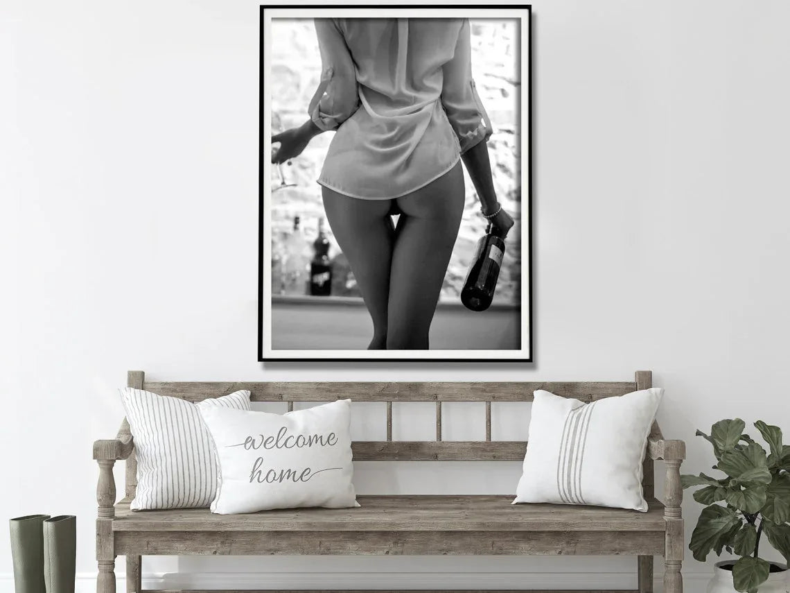 Wall Art 40cmx60cm Woman Drinking Wine , Black and White, Black Frame Canvas - Mekamart Australia