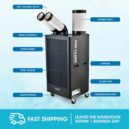 POLYCOOL 4.5kW Portable Industrial Spot Cooler, with Twin Cooling Ducts, 15A Plug - Mekamart Australia