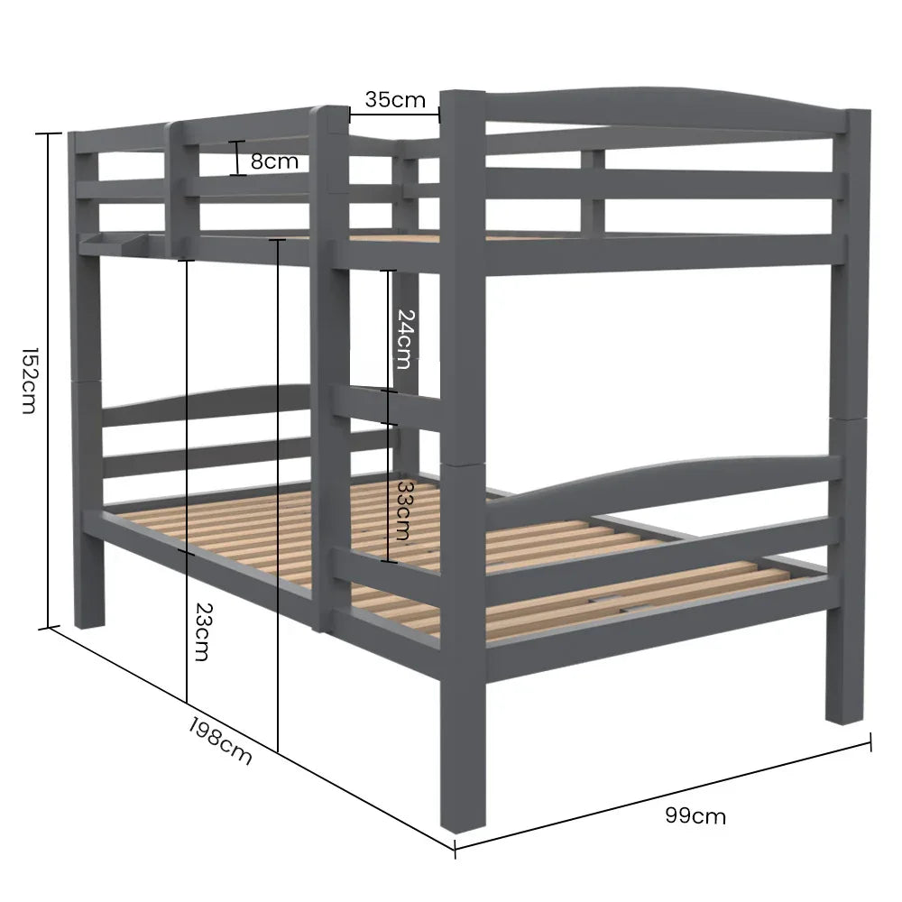 KINGSTON SLUMBER Single Bunk Bed Frame, Solid Pine 2-in-1 Modular Design, Converts to 2 Single Beds, For Kids, Grey