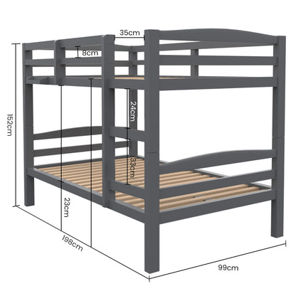 KINGSTON SLUMBER Single Bunk Bed Frame, Solid Pine 2-in-1 Modular Design, Converts to 2 Single Beds, For Kids, Grey