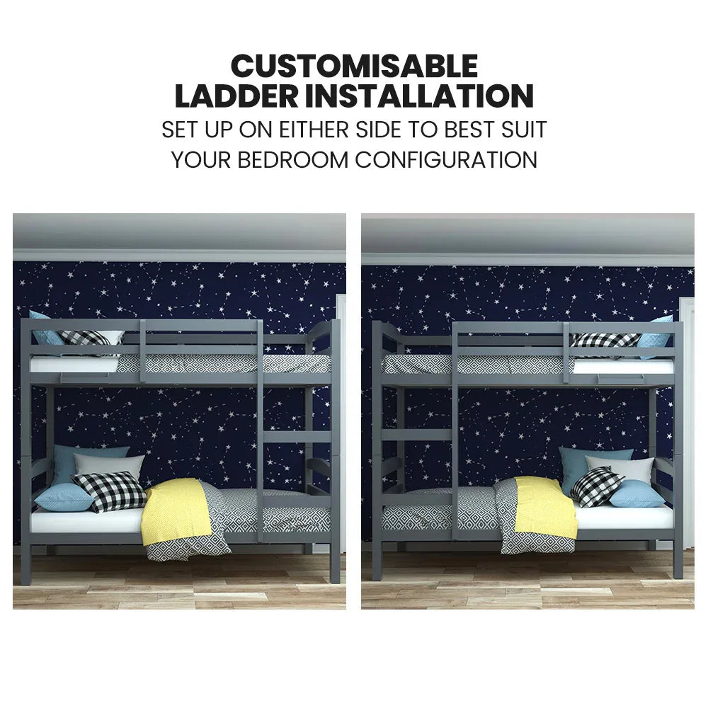 KINGSTON SLUMBER Single Bunk Bed Frame, Solid Pine 2-in-1 Modular Design, Converts to 2 Single Beds, For Kids, Grey