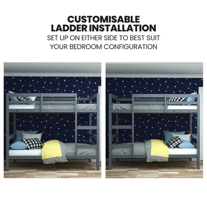 KINGSTON SLUMBER Single Bunk Bed Frame, Solid Pine 2-in-1 Modular Design, Converts to 2 Single Beds, For Kids, Grey