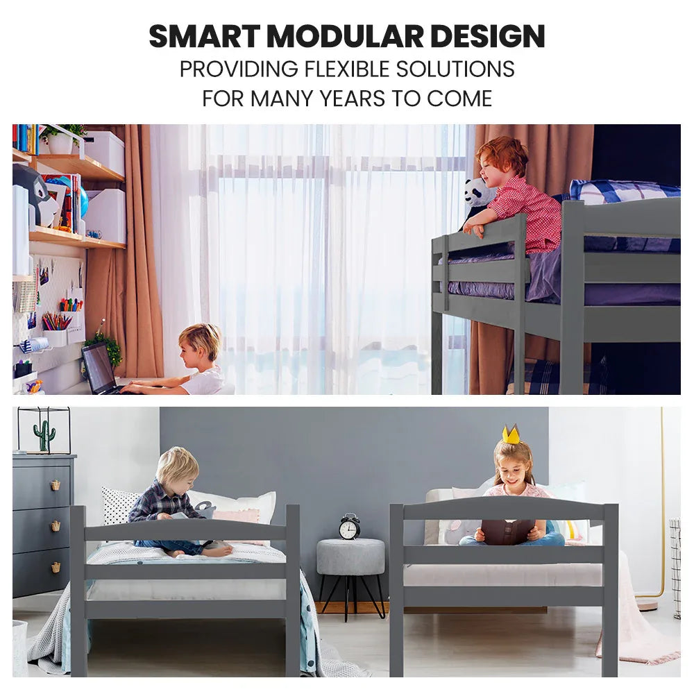 KINGSTON SLUMBER Single Bunk Bed Frame, Solid Pine 2-in-1 Modular Design, Converts to 2 Single Beds, For Kids, Grey
