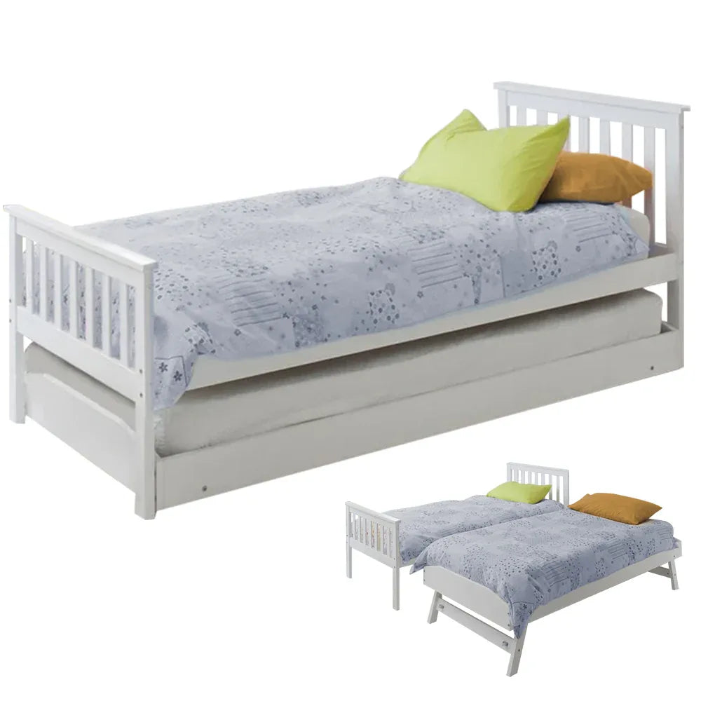 KINGSTON SLUMBER Wooden Single Bed Frame w/ Pop Up Trundle, for Kids Bedroom, White - Mekamart Australia