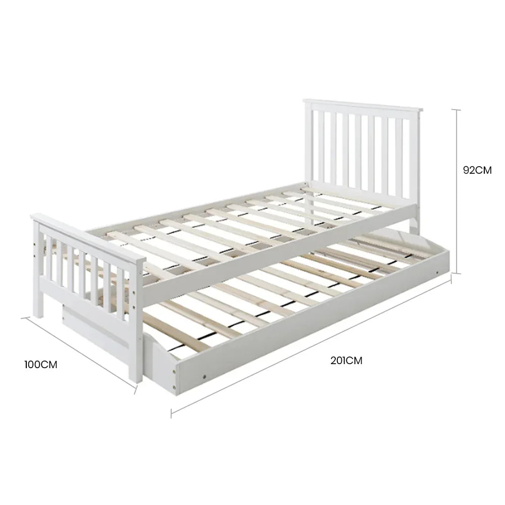 KINGSTON SLUMBER Wooden Single Bed Frame w/ Pop Up Trundle, for Kids Bedroom, White - Mekamart Australia