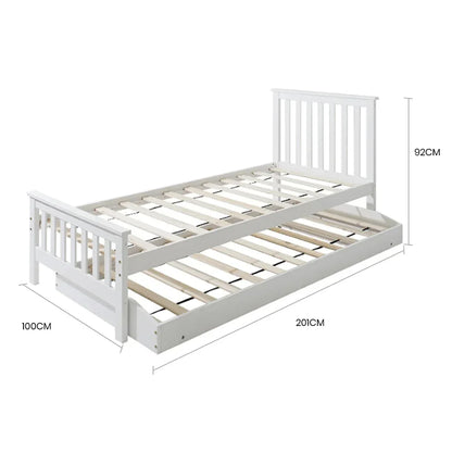KINGSTON SLUMBER Wooden Single Bed Frame w/ Pop Up Trundle, for Kids Bedroom, White - Mekamart Australia