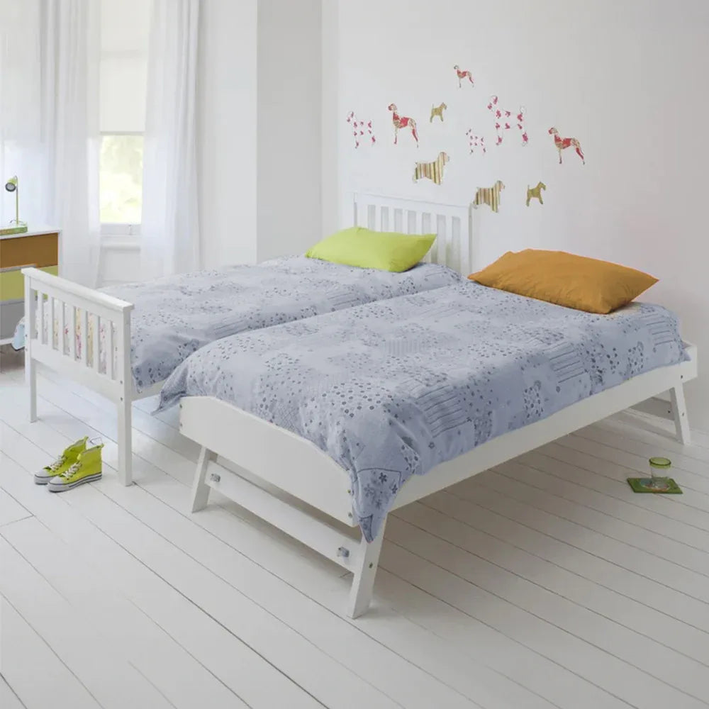 KINGSTON SLUMBER Wooden Single Bed Frame w/ Pop Up Trundle, for Kids Bedroom, White - Mekamart Australia