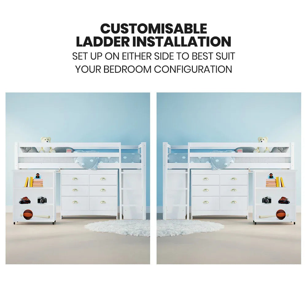 KINGSTON SLUMBER Wooden Kids Single Loft Bed Frame with Pull Out Desk, Storage Drawers, Cabinet - White