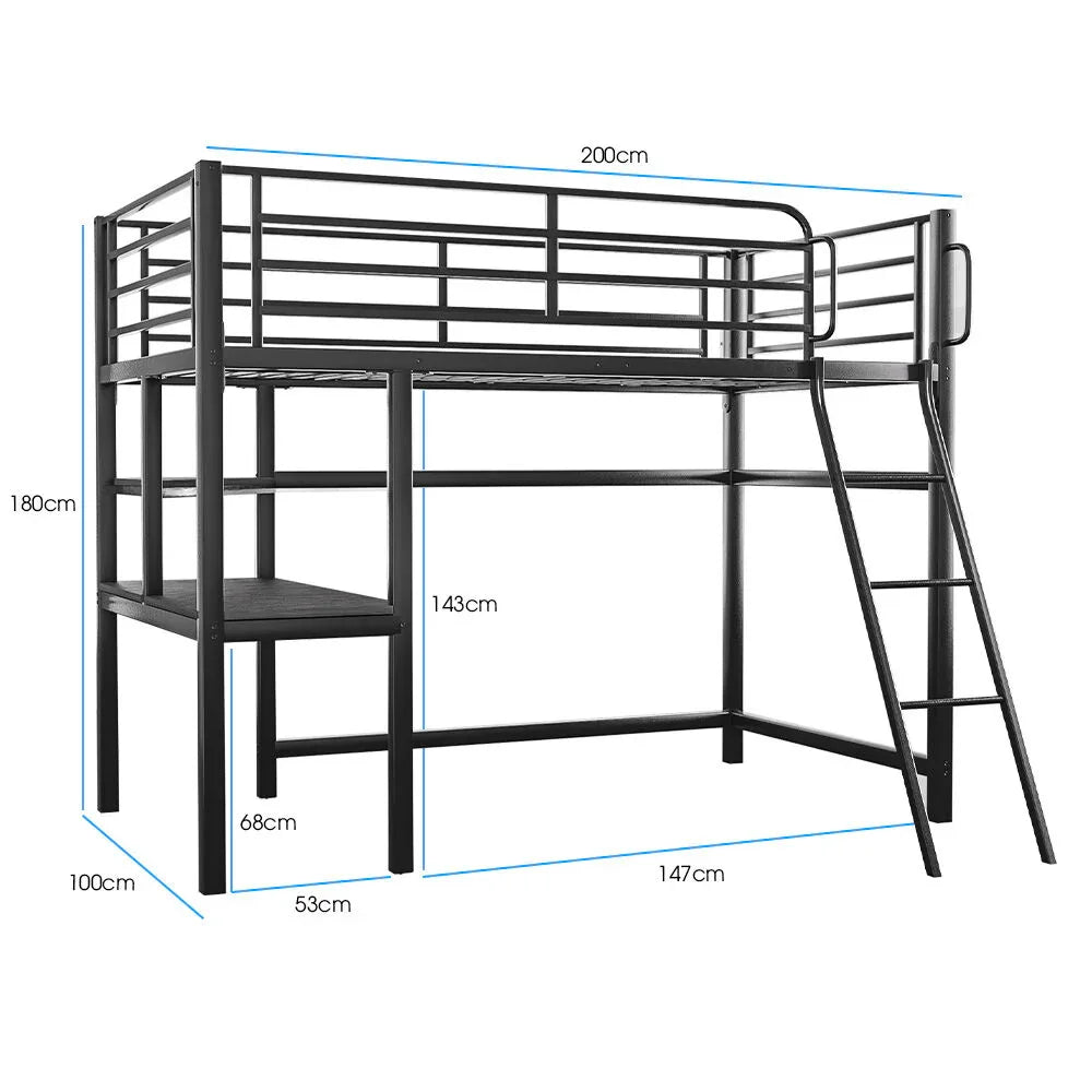 Gaming Loft Bed with Desk, Steel Metal Frame, Space Saving Design, for Single Mattress, Matte Dark Grey