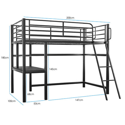 Gaming Loft Bed with Desk, Steel Metal Frame, Space Saving Design, for Single Mattress, Matte Dark Grey