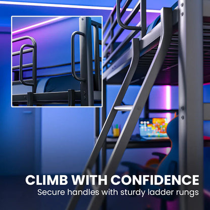 Gaming Loft Bed with Desk, Steel Metal Frame, Space Saving Design, for Single Mattress, Matte Dark Grey