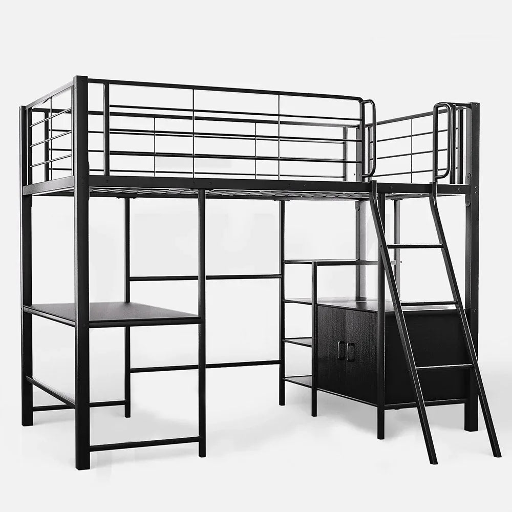 Gaming Loft Bed with Desk and Storage Cabinet, Steel Metal Frame, Space Saving Design, for Single Mattress, Matte Dark Grey
