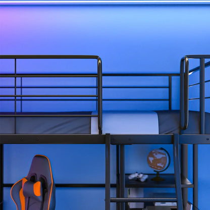 Gaming Loft Bed with Desk and Storage Cabinet, Steel Metal Frame, Space Saving Design, for Single Mattress, Matte Dark Grey