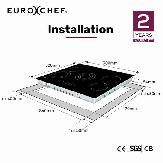 EuroChef 90cm 5 Zone Ceramic Cooktop, 8900W Electric, FlexiZone Adjustable Size Hobs, Touch Controls - Mekamart Australia
