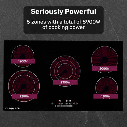 EuroChef 90cm 5 Zone Ceramic Cooktop, 8900W Electric, FlexiZone Adjustable Size Hobs, Touch Controls