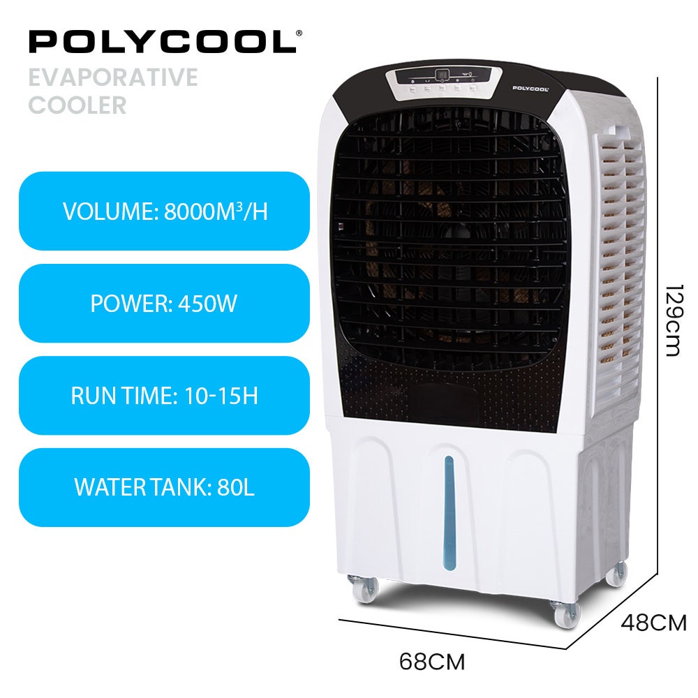 POLYCOOL 450W 80L Evaporative Air Cooler, Commercial Grade, Remote Control, Fan