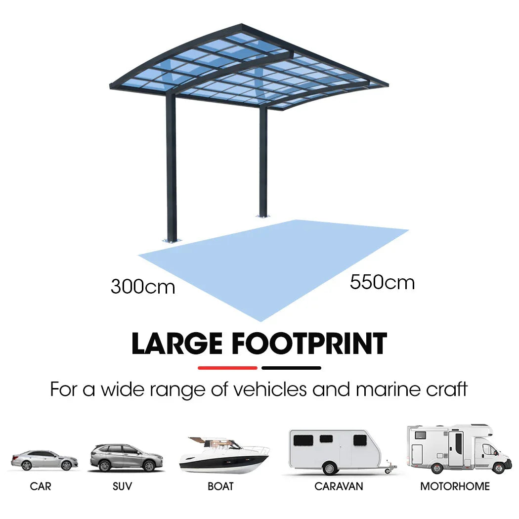 SHADE SHIELD Single Cantilever Carport 3.0m x 5.5m x 3.5m, Aluminium Alloy Frame, Polycarbonate Roof, Shelter for Car or Outdoor Living - Mekamart Australia