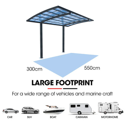 SHADE SHIELD Single Cantilever Carport 3.0m x 5.5m x 3.5m, Aluminium Alloy Frame, Polycarbonate Roof, Shelter for Car or Outdoor Living - Mekamart Australia