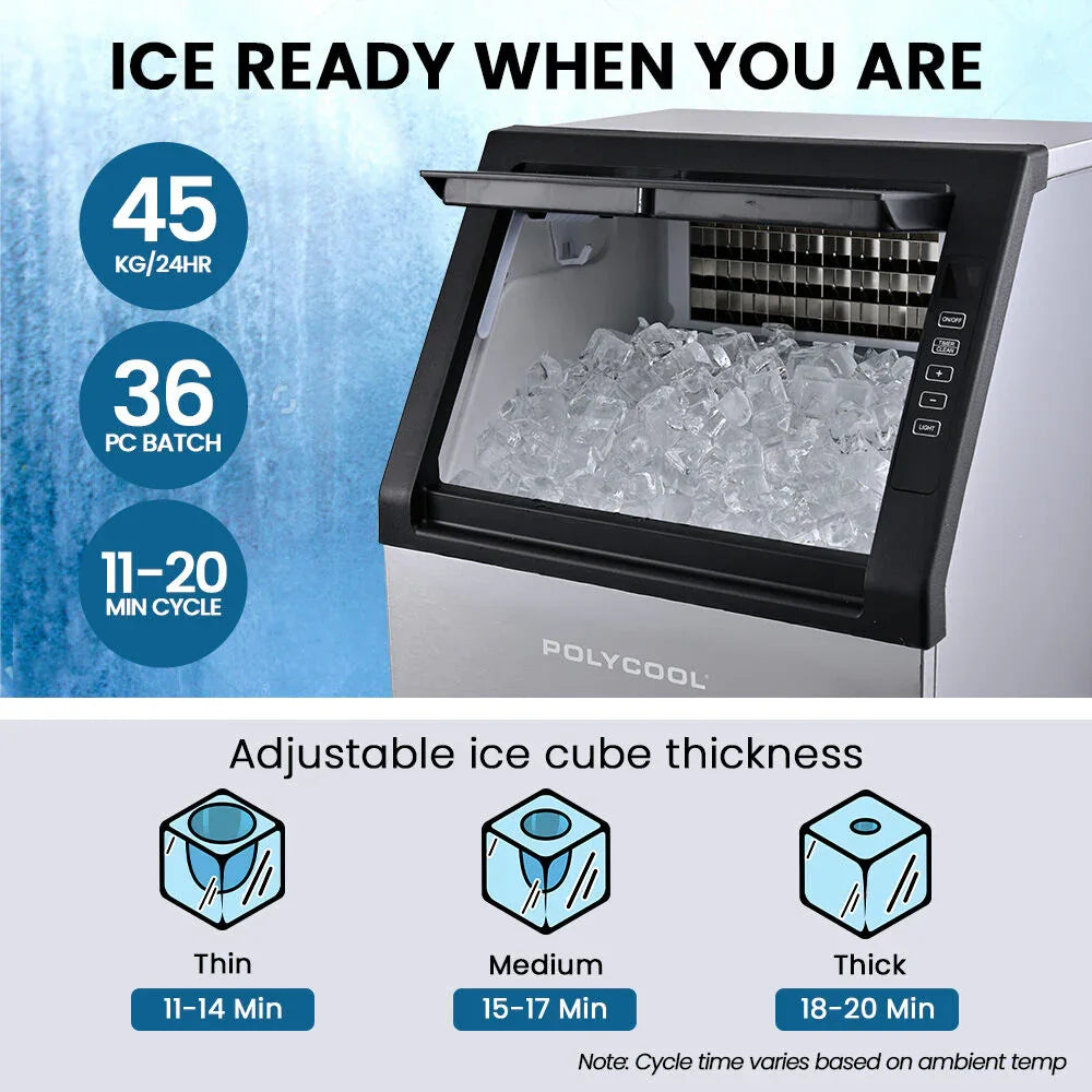 POLYCOOL Commercial Ice Maker Machine, up to 45kg/24hr, Timer & Self Cleaning Programs - Mekamart Australia