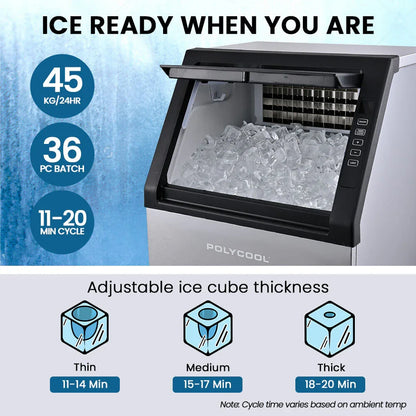 POLYCOOL Commercial Ice Maker Machine, up to 45kg/24hr, Timer & Self Cleaning Programs - Mekamart Australia
