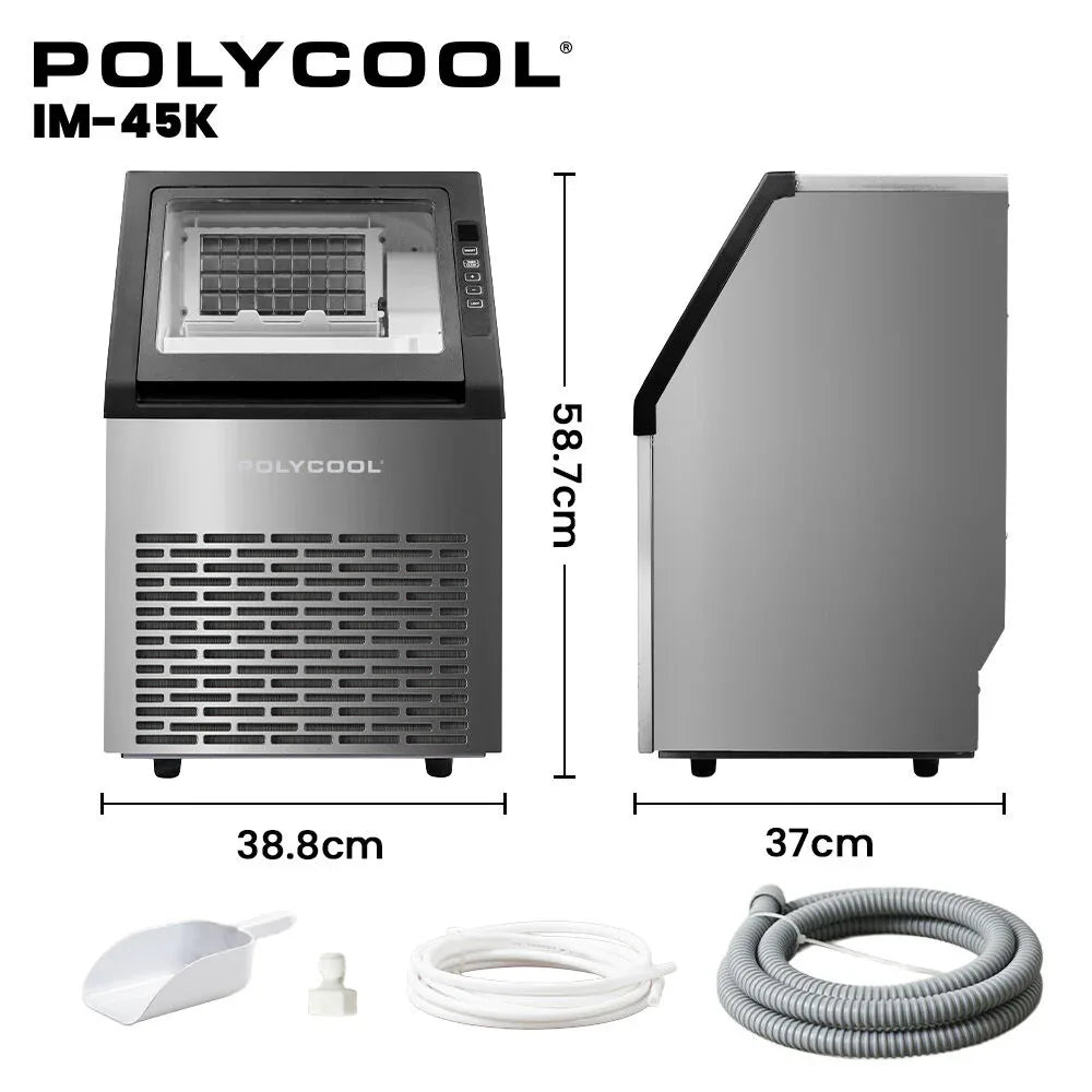 POLYCOOL Commercial Ice Maker Machine, up to 45kg/24hr, Timer & Self Cleaning Programs - Mekamart Australia