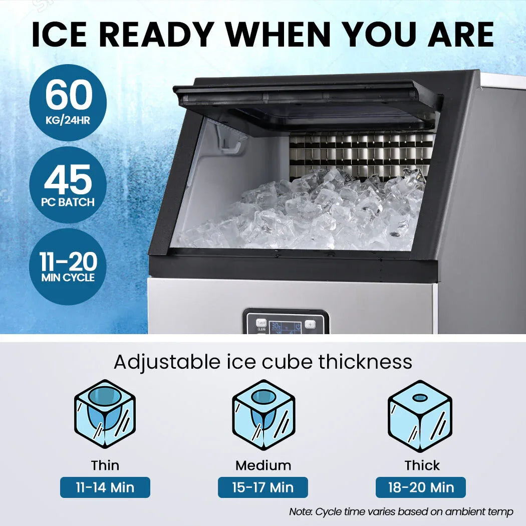 POLYCOOL Commercial Ice Maker Machine, up to 60kg/24hr, Timer & Self Cleaning Programs - Mekamart Australia