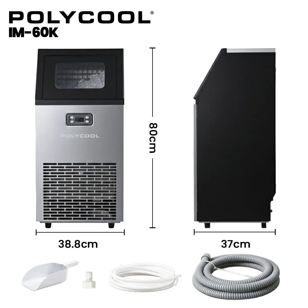 POLYCOOL Commercial Ice Maker Machine, up to 60kg/24hr, Timer & Self Cleaning Programs - Mekamart Australia