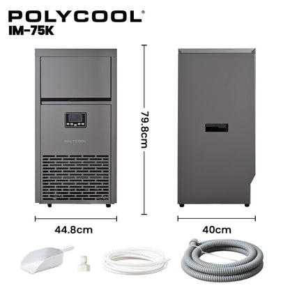 POLYCOOL Commercial Ice Maker Machine, up to 75kg/24hr, Timer & Self Cleaning Programs