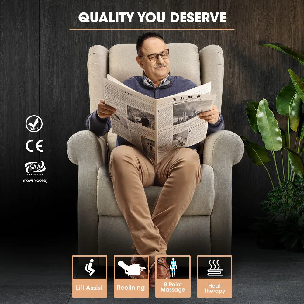FORTIA Electric Recliner Lift Heat Chair for Elderly, Massage, Heat Therapy, Aged Care, Beige - Mekamart Australia