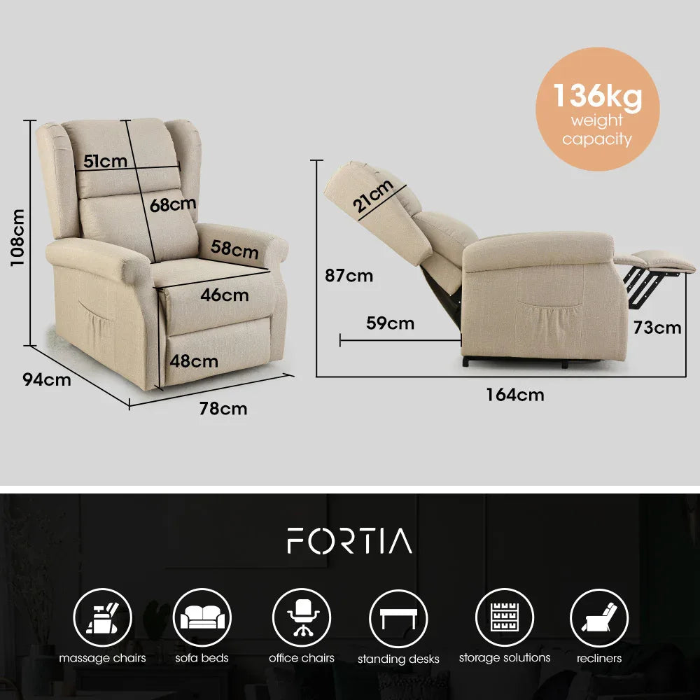 FORTIA Electric Recliner Lift Heat Chair for Elderly, Massage, Heat Therapy, Aged Care, Beige - Mekamart Australia