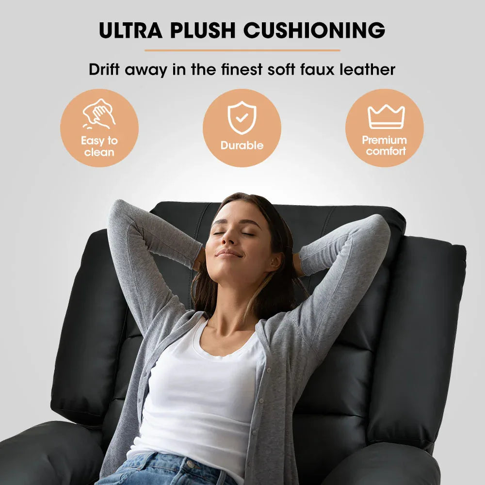 FORTIA Luxury Recliner Lounge Chair, Single Faux Leather Armchair, for Home Theatre Cinema, Elderly, Black - Mekamart Australia
