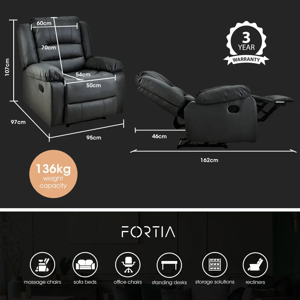 FORTIA Luxury Recliner Lounge Chair, Single Faux Leather Armchair, for Home Theatre Cinema, Elderly, Black - Mekamart Australia