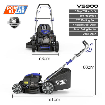 PowerBlade 20" 200cc Self-Propelled Lawn Mower, 7 Height, Steel Deck, Deck Wash Port, OHV 4-Stroke Petrol - VS900