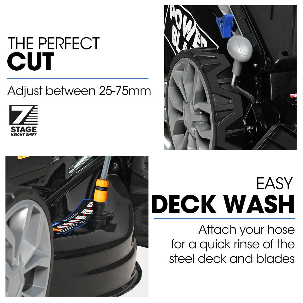 PowerBlade 20" 200cc Self-Propelled Lawn Mower, 7 Height, Steel Deck, Deck Wash Port, OHV 4-Stroke Petrol - VS900