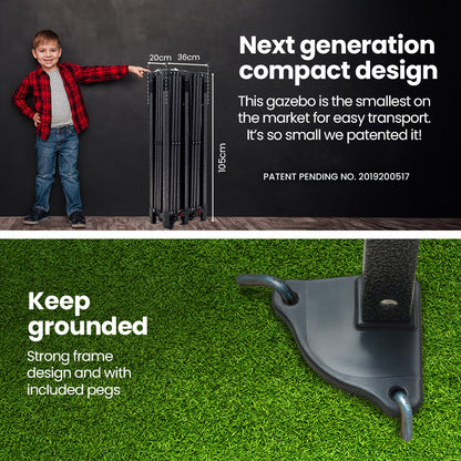 RED TRACK 3x3m Ultra Compact Folding Gazebo, Carry bag, Portable Outdoor Popup Marquee for Camping Beach, Black