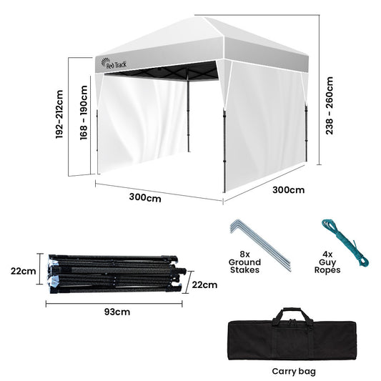RED TRACK 3x3m Ultra Compact Folding Gazebo, Walls, Carry bag, Portable Outdoor Popup Marquee for Camping Beach, White