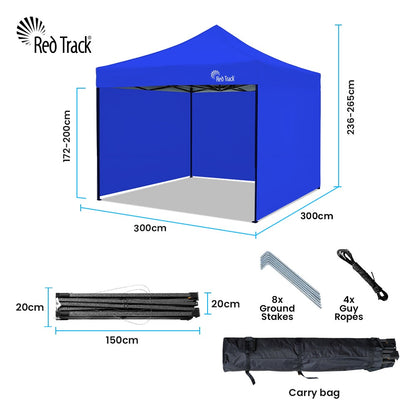 RED TRACK 3x3m Premium Pop Up Gazebo Marquee, Patented Steel Cable Canopy Support System, Wheeled Carry Bag, Side Walls, UV Block, Reinforced Frame, Blue