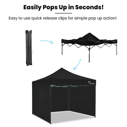 RED TRACK 3x3m Premium Pop Up Gazebo Marquee, Patented Steel Cable Canopy Support System, Wheeled Carry Bag, Side Walls, UV Block, Reinforced Frame, Black