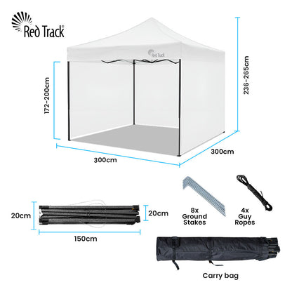 RED TRACK 3x3m Premium Pop Up Gazebo Marquee, Patented Steel Cable Canopy Support System, Wheeled Carry Bag, Side Walls, UV Block, Reinforced Frame, White