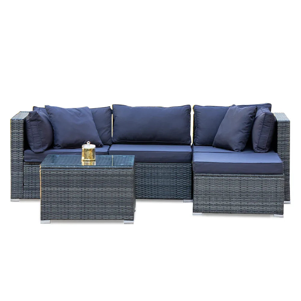 LONDON RATTAN 4 Seater Modular Outdoor Lounge Setting with Coffee Table, Ottoman, Grey