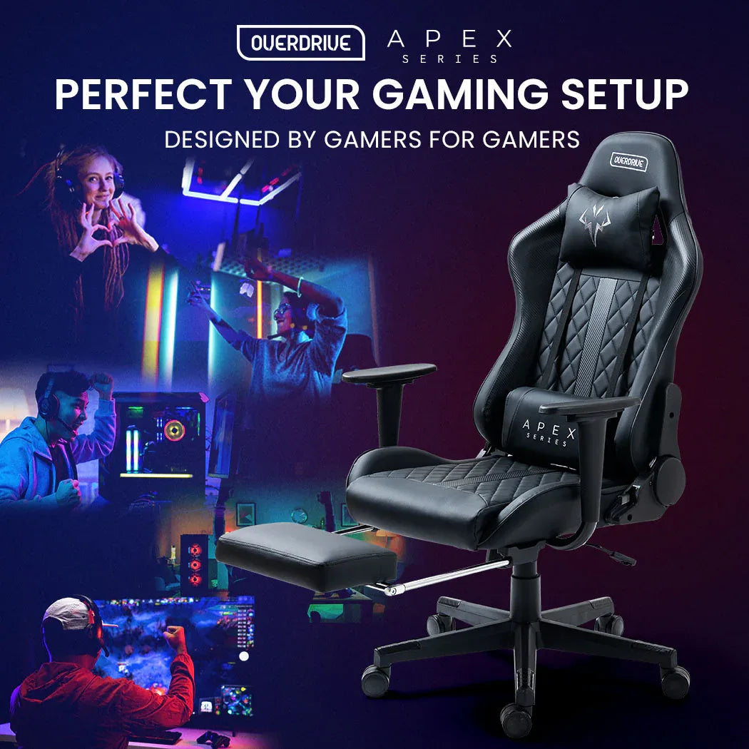 OVERDRIVE Apex Series Reclining Gaming Ergonomic Office Chair with Footrest, Black - Mekamart Australia