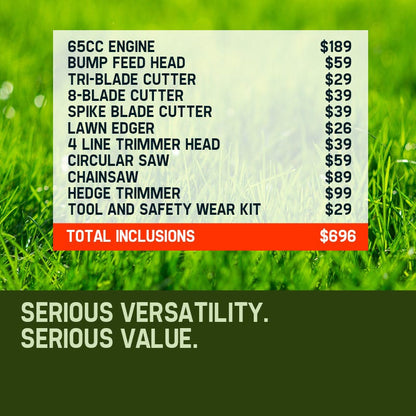 BAUMR-AG 65cc 9in1 Long Reach Garden Multi-tool, Pole Saw, Hedge & Line Trimmer, Brush Cutter, 12" Tree Trimming Pruning Chainsaw Bar, 2 Extension Shafts