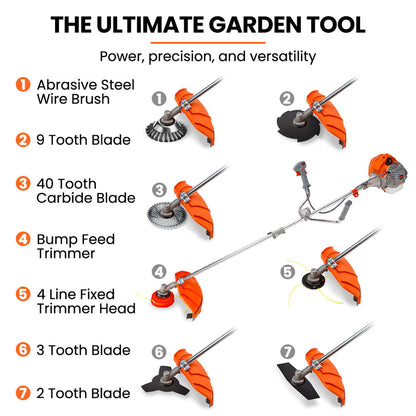 MTM 62cc 7in1 Brush Cutter Garden Multi-Tool , Pole Hedge & Line Trimmer, Bullhorn Handle, 12" Tree Trimming Pruning