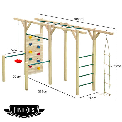 ROVO KIDS Ultimate Outdoor Monkey Bars Playset Frame, with Climbing Wall, Disc Swing, Rope Ladder