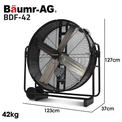 BAUMR-AG 42" 1067mm 660W Industrial Mobile Floor Drum Fan, Belt Drive, Tilting, Large, Commercial,  Heavy-duty Frame, EESS Certified
